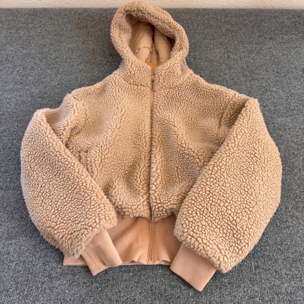 Fabletics Sherpa Zip Hoodie Women XS Peach Cropped Teddy Fleece Jacket Excellent